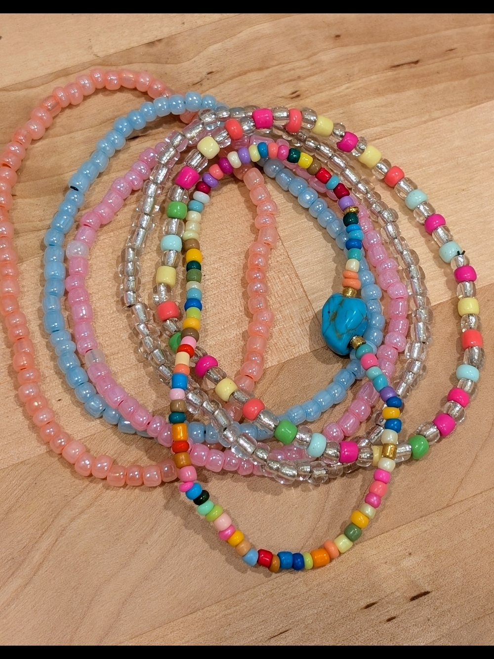 Pastel Multicolor Beaded Anklet/ Bracelet Set with Turquoise Accent - Picture 4 of 4